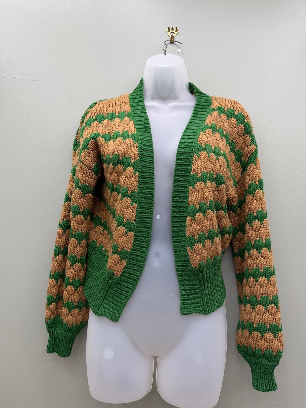 Green Camel Chunky Knit Cardigan Small Cropped Open Front Balloon Sleeve
